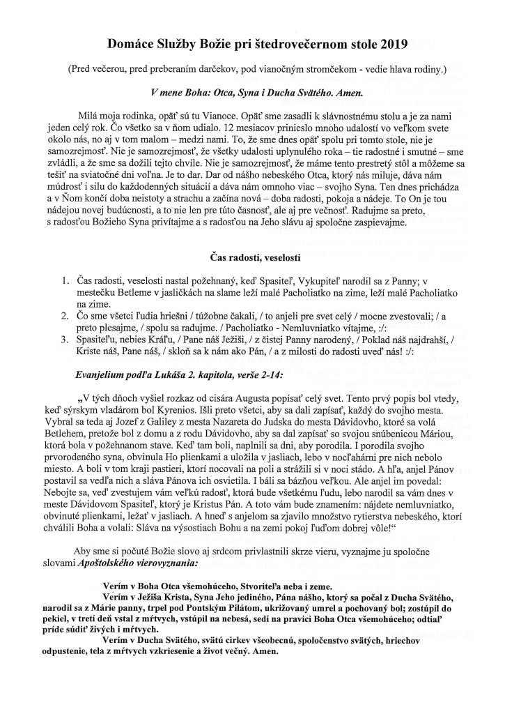 Domáce služby Božie pri štedrovečernom stole 2019 1 str