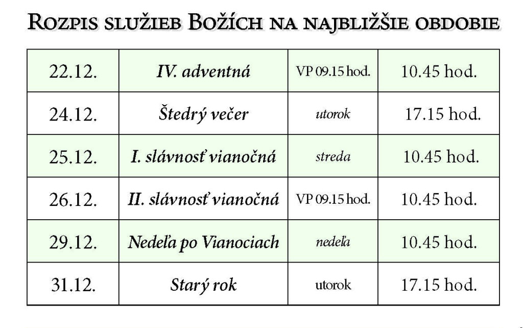 rozpis služieb Božích december 2019