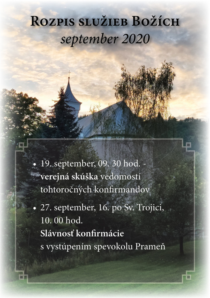 rozpis služieb Božích september 2020 bez Zlatej